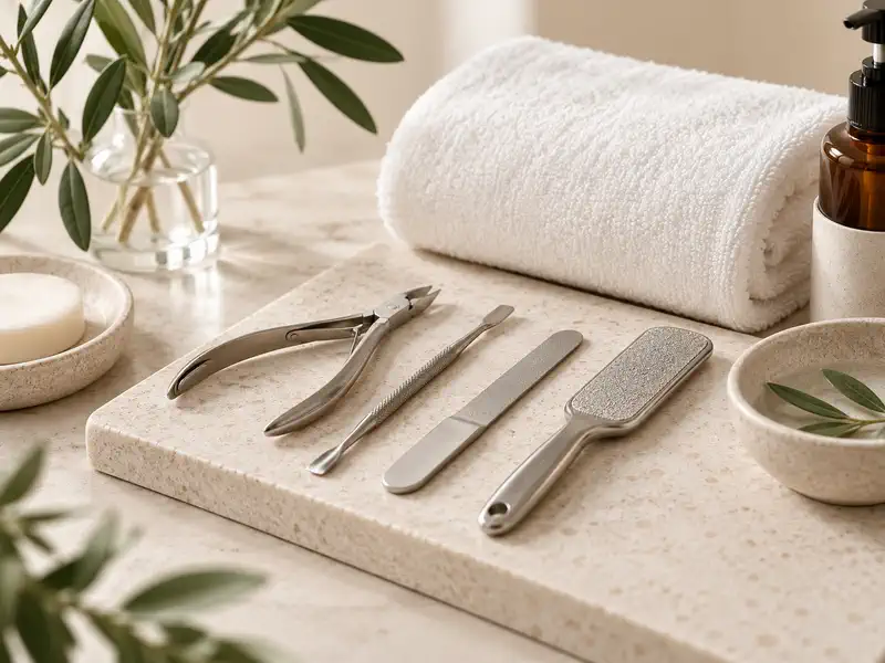 refined-pedicure-classic-tools Professional pedicure tools and fresh towel prepared for a Classic Pedicure